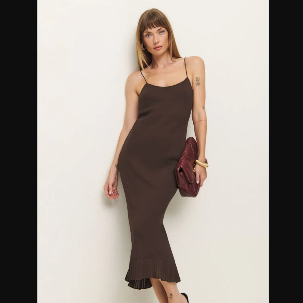 Reformation Suki Pleated Hem Midi-Dress Brown Small